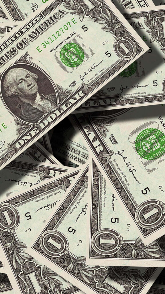 Scattered one dollar bills highlighting American currency designs and iconic elements wallpaper