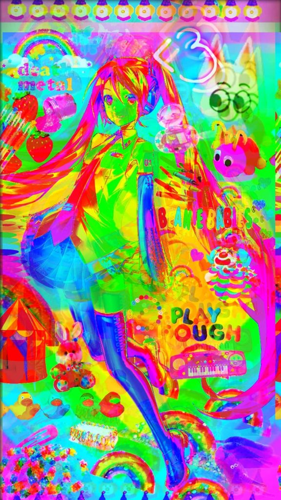Vibrant Hatsune Miku neon wallpaper with psychedelic synthpop toys strawberries and clowns
