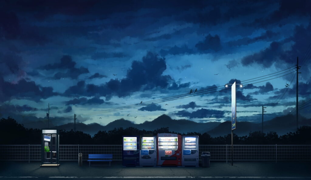 Scenic Anime Skyline: Sunset View with Colorful Vending Machines and Clouds - HD Wallpaper Background Photo