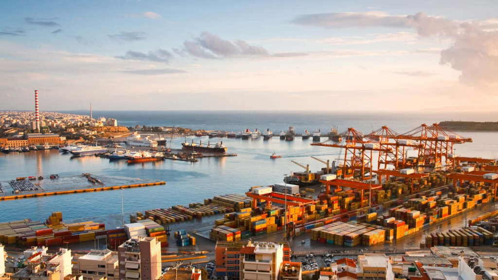 Colorful Greek Port View: Scenic Wallpaper of Containers & Cranes