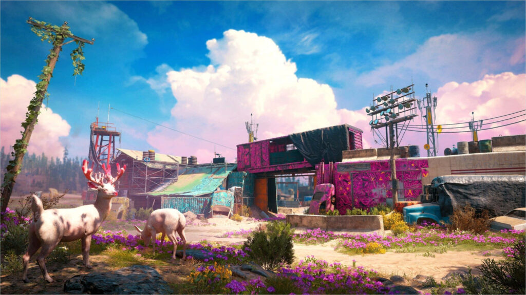Nature's Haven: Immersive Far Cry New Dawn Wallpaper showcasing New Eden's Gate Camp amidst lush wildlife and lush greenery