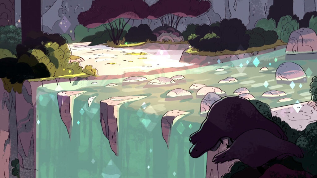 Scenic Serenity: A Breathtaking Steven Universe iPad Wallpaper of a Picturesque Waterfall amidst Rocky Waters