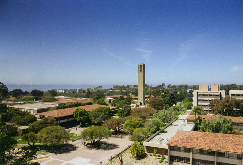 Scenic UCSB Campus Wallpaper: Lush Greens & Storke Tower View