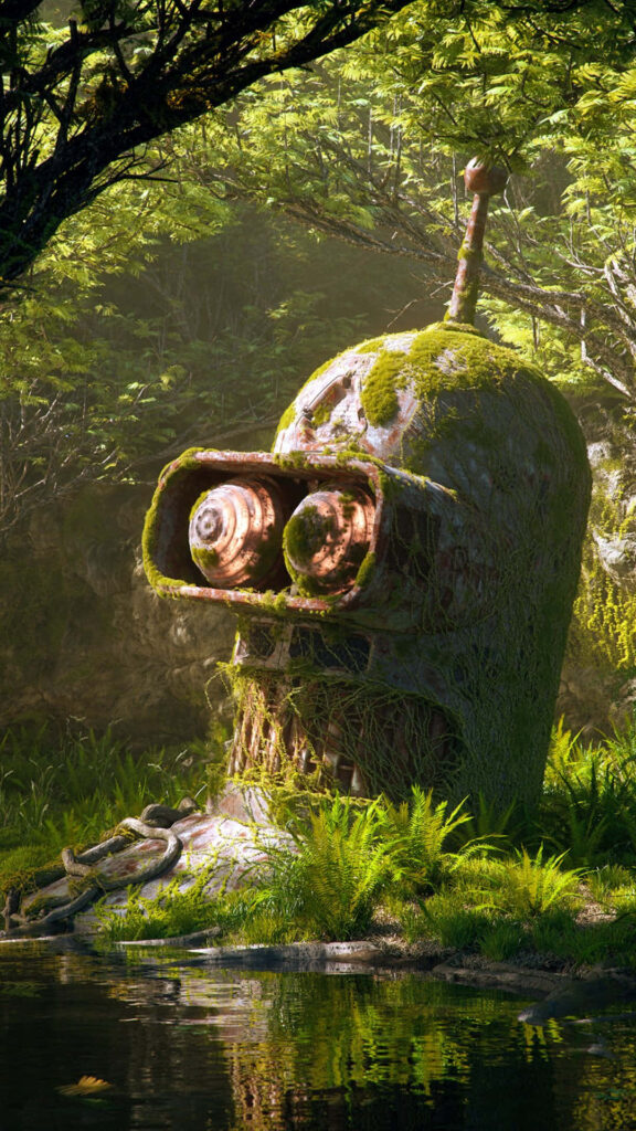 Mossy Bender Statue Wallpaper in Lush Forest Setting