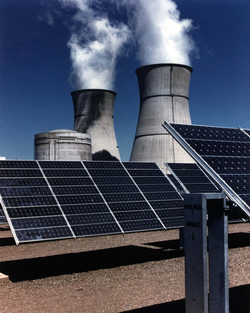 Scenic Wallpaper: Nuclear Power Plant & Solar Panels Integration