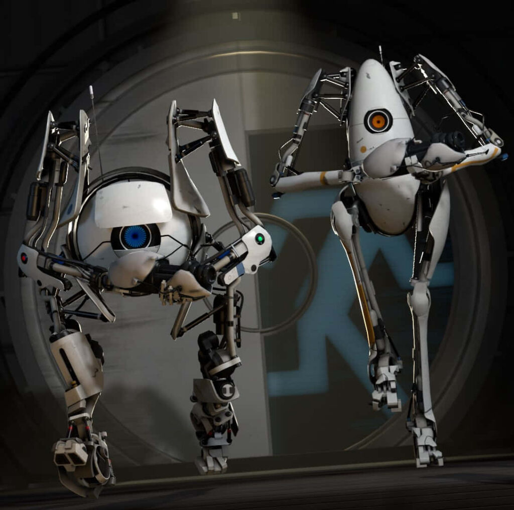 Sleek Portal 2 Robotic Characters Wallpaper with Sci-Fi Backdrop