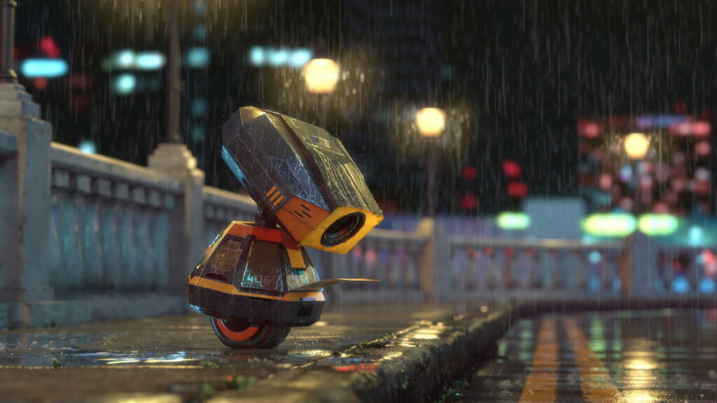 Scifi Artistic Marvel: Rain-Drenched 4K Wallpaper Showcasing a Futuristic Mail Robot