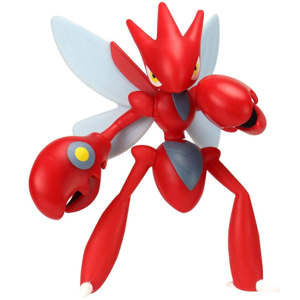 Scizor plastic action figure with red pincers grey armor and translucent wings on white background Wallpaper