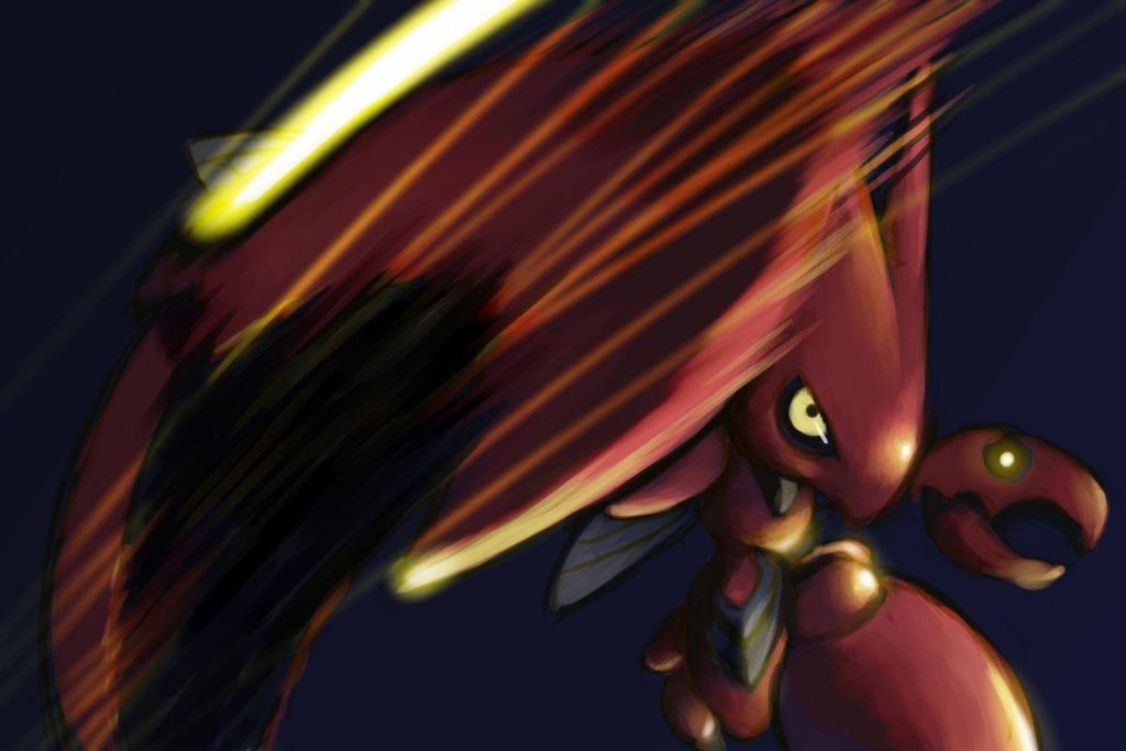 Dynamic digital art of Bug Steel Pokémon Scizor with vivid yellow light and red armor background Wallpaper