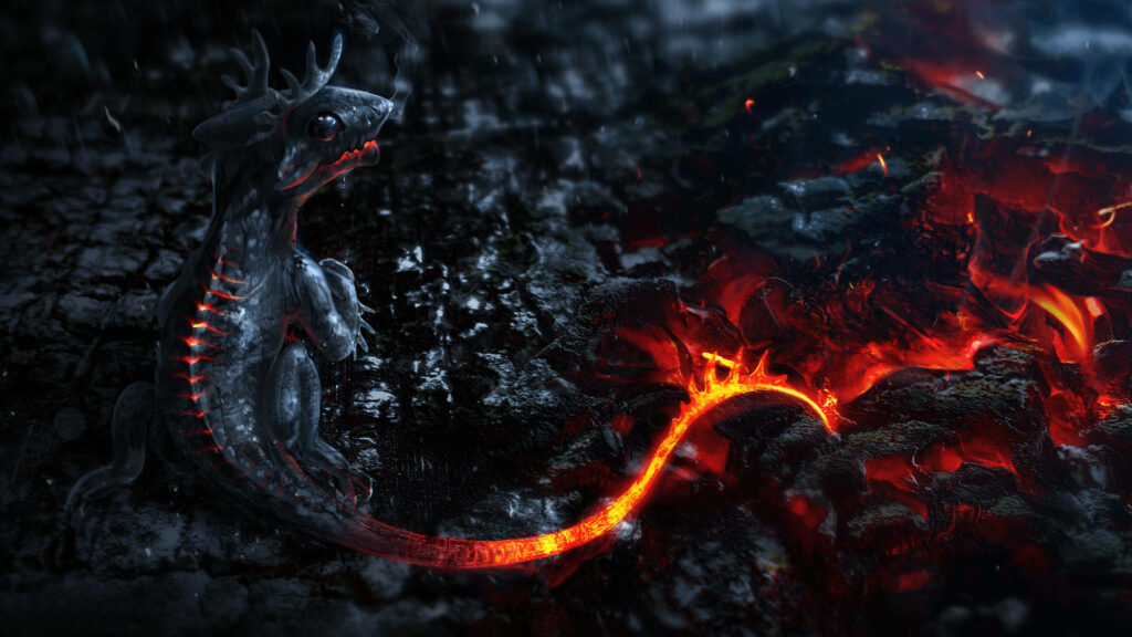 Cute baby dragon with glowing fiery scales by molten volcanic rocks in dark fantasy landscape Wallpaper