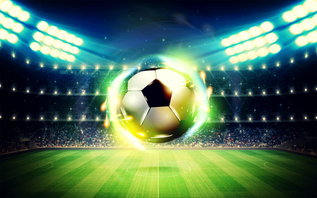 3D soccer ball wallpaper glowing vibrant aura packed stadium sparkling floodlights football