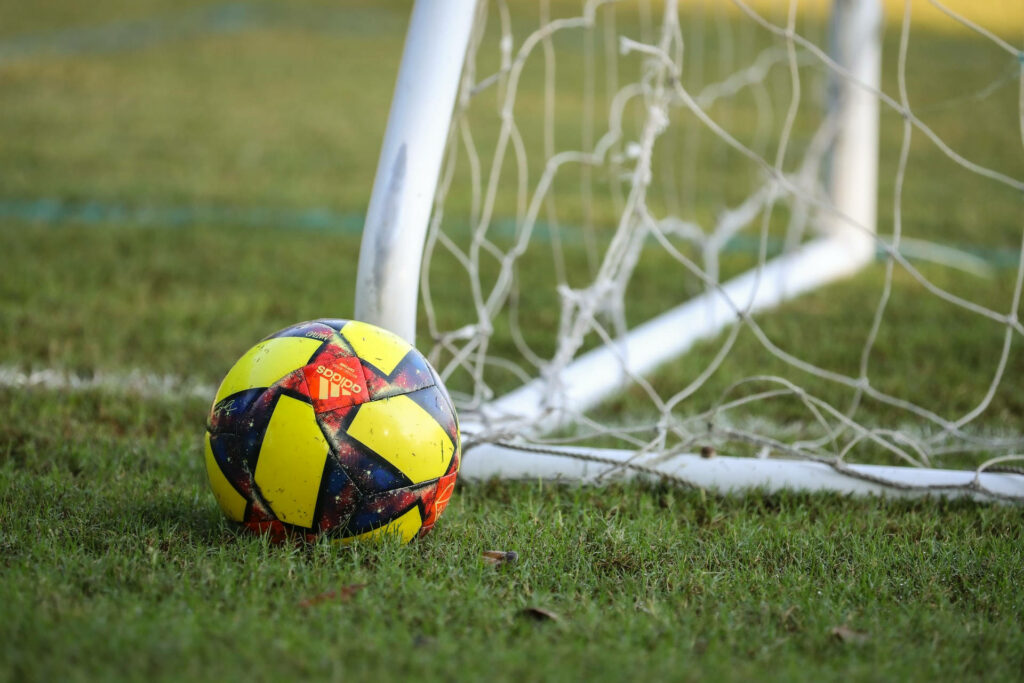 Adidas soccer ball yellow black on green grass near goal net HD sports wallpaper background