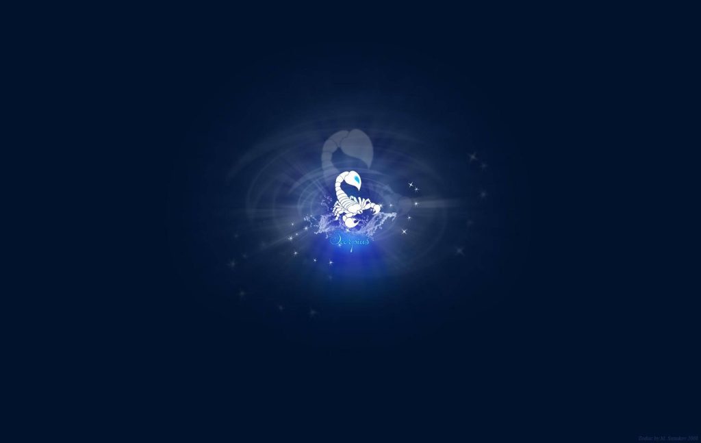 Glowing white Scorpius scorpion on blue splash digital zodiac wallpaper with sparkles and light effects