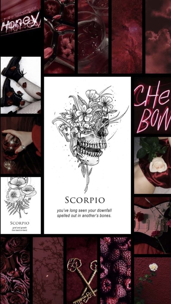 Scorpio zodiac collage wallpaper with floral skull roses neon signs and celestial gothic design