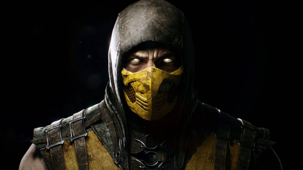 Hyper-realistic 4K Mortal Kombat X Scorpion portrait with glowing eyes and yellow ninja mask Wallpaper