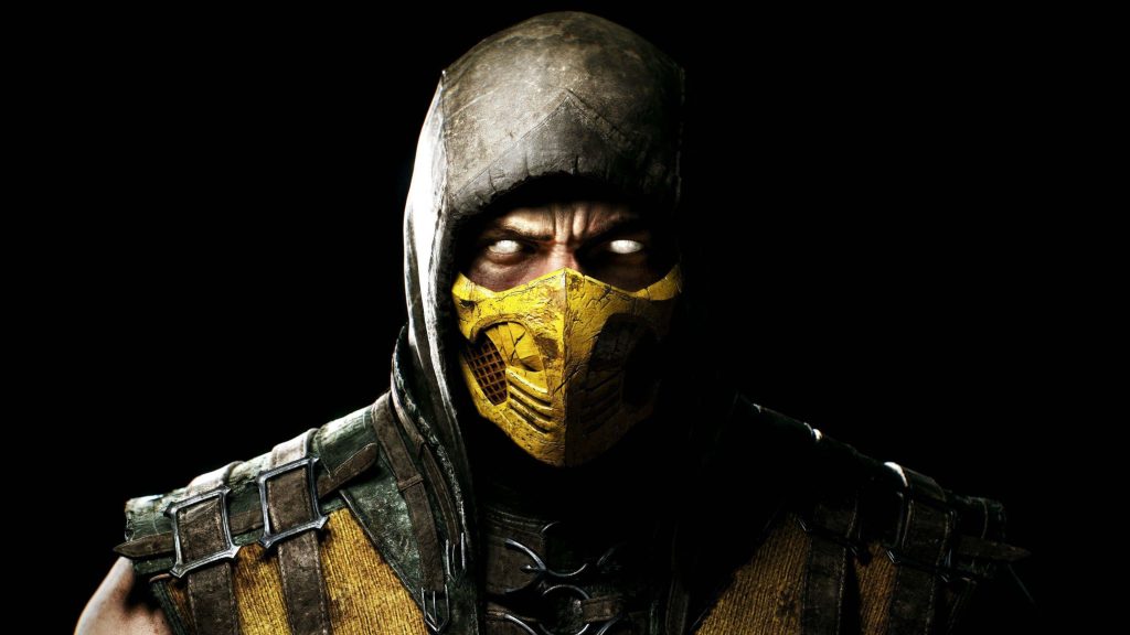 Scorpion Mortal Kombat X 4K gaming wallpaper with glowing eyes and yellow ninja mask on black