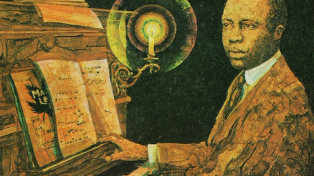 Classic oil painting of Scott Joplin playing piano with Maple Leaf Rag sheet music wallpaper