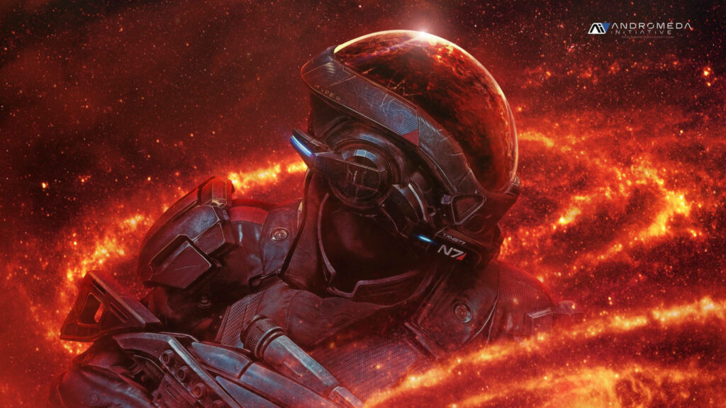 2560x1440 QHD 2K Scott Ryder Embracing the Andromeda Light: A Striking Mass Effect Game Cover Wallpaper