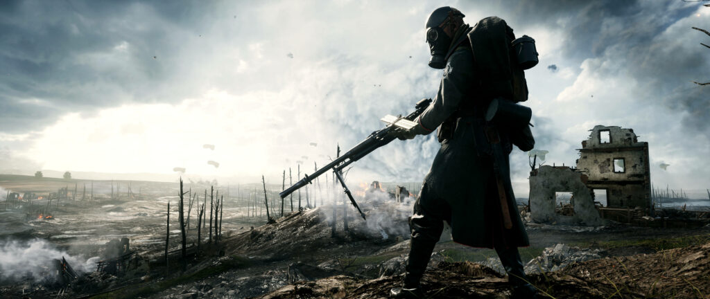 Intense Battlefield 1 WWII Soldier Wallpaper with Shattered Building and Gas Mask - Battle Scene Background Image