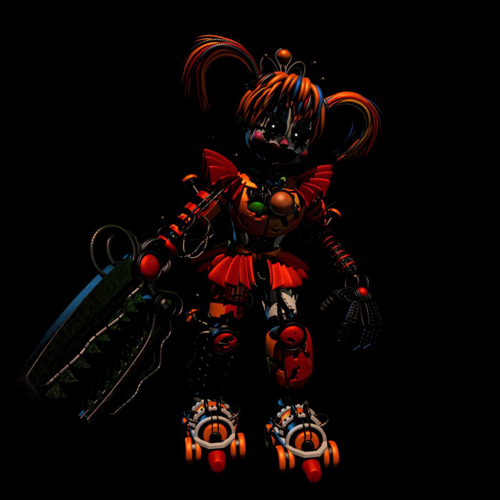 Scrap Baby animatronic from Five Nights at Freddys with metal parts red accents on black background Wallpaper