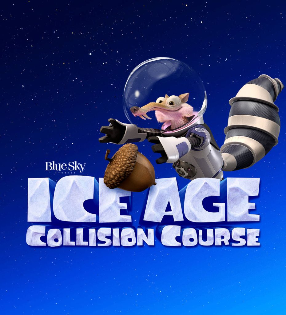 CGI wallpaper of Scrat from Ice Age Collision Course in astronaut suit reaching acorn in space