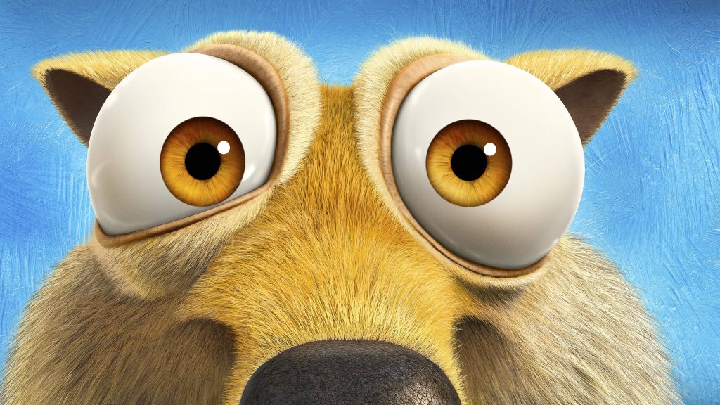 Extreme close-up of Scrat saber-toothed squirrel Ice Age with expressive eyes detailed 3D fur background Wallpaper