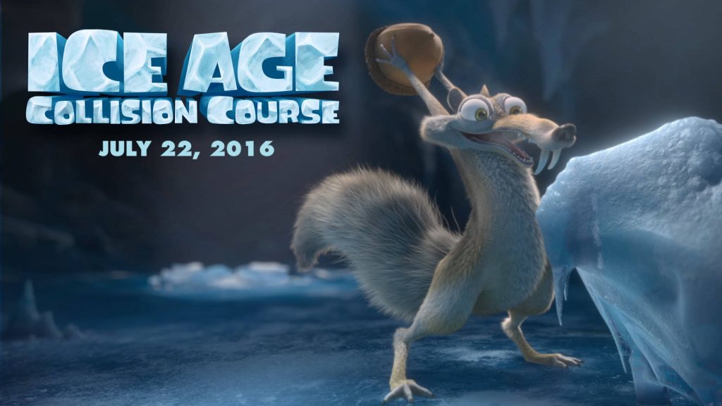 Ice Age Collision Course wallpaper of Scrat holding acorn with frosty blue glacial background