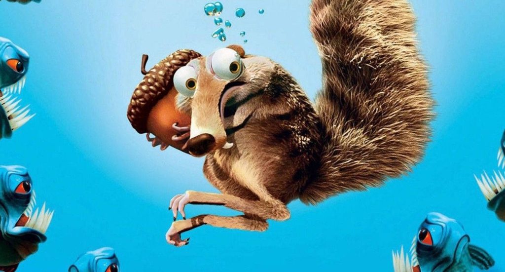 Scrat from Ice Age Collision Course clutching acorn underwater with sharp-toothed fish wallpaper