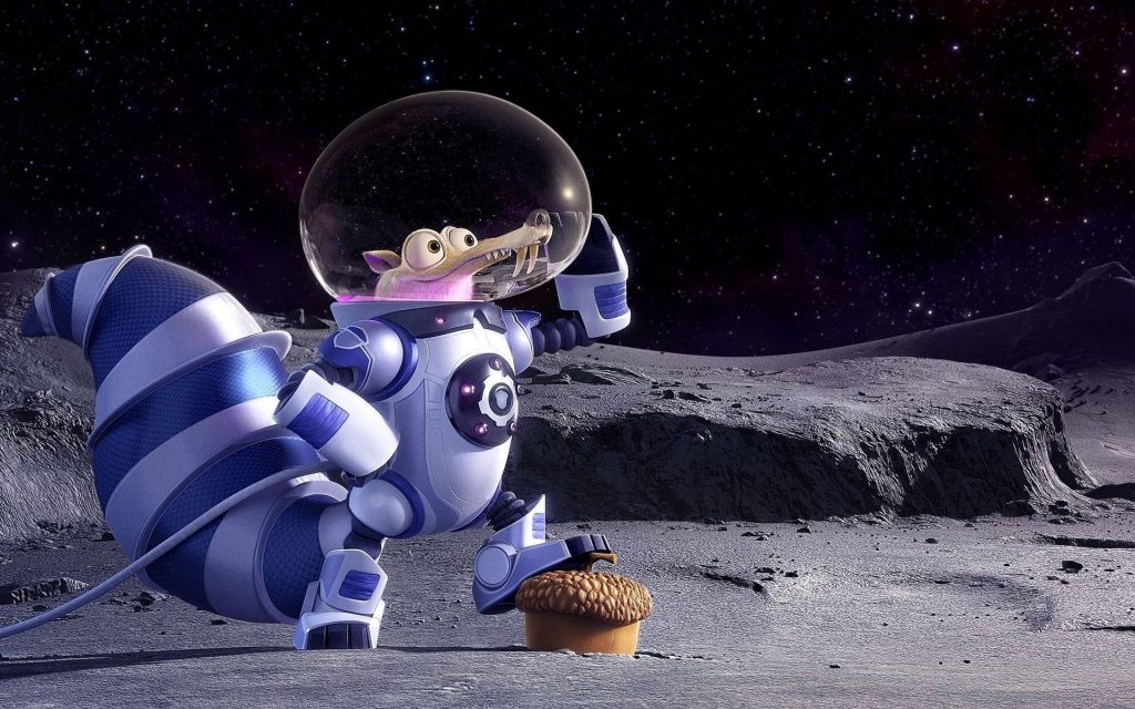 Ice Age Collision Course wallpaper Scrat astronaut suit reaching acorn on moon space background