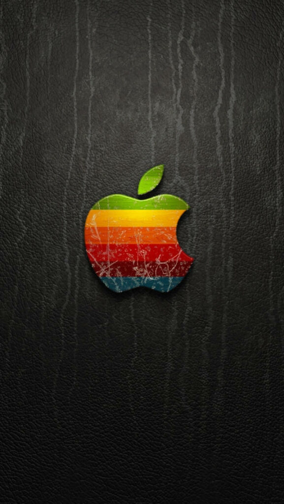 Scratched 3D Apple Logo with Vintage Rainbow on Dark Leather Background Wallpaper