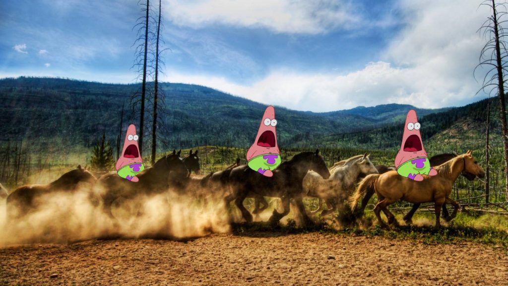 Screaming Patrick Star riding wild horses in dusty mountain landscape bright blue sky wallpaper