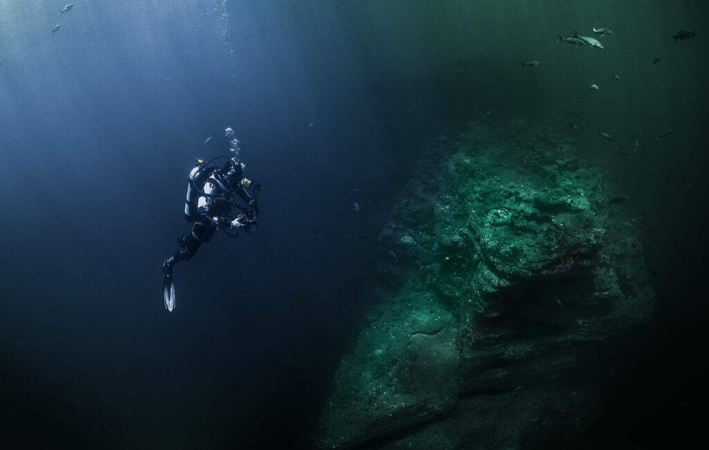 Scuba diver exploring deep blue ocean near rugged underwater cliff with schools of fish and sunlight rays Wallpaper