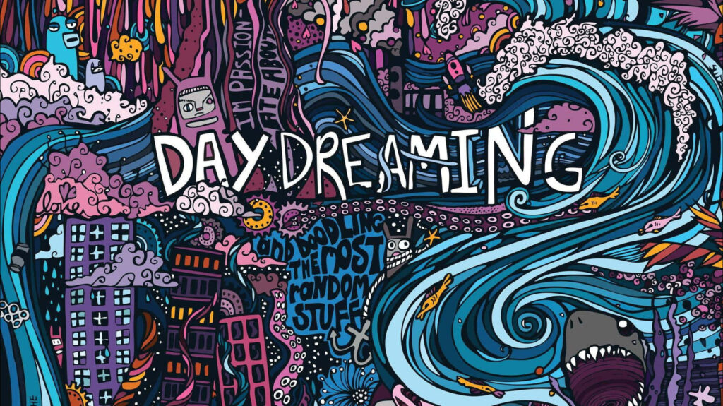 Vibrant graffiti DAY DREAMING text over neon cityscape ocean waves and shark doodle wallpaper