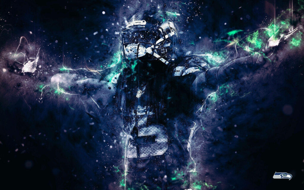 The Radiant Power of Seattle Seahawks: A mesmerizing NFL background showcasing the player in a luminous blue-green aura Wallpaper