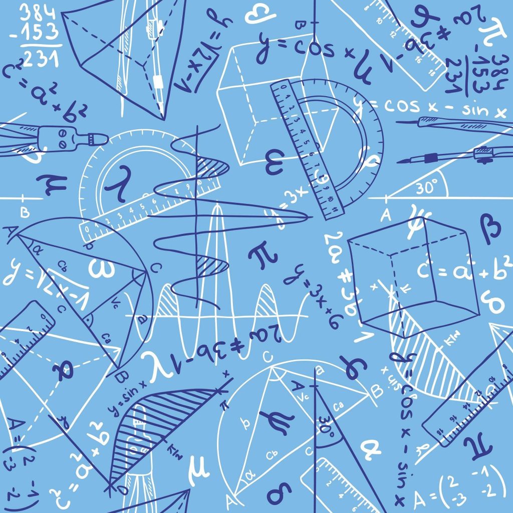 Blue digital math wallpaper with algebra equations 3D geometry and drafting tools background