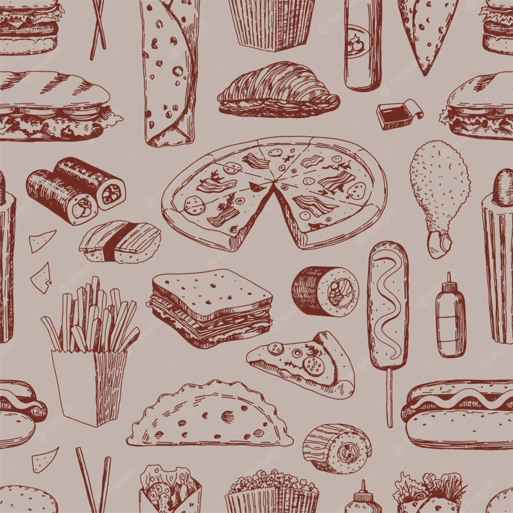 Seamless Food Pattern Wallpaper: Pizzas, Tacos, Sushi & More