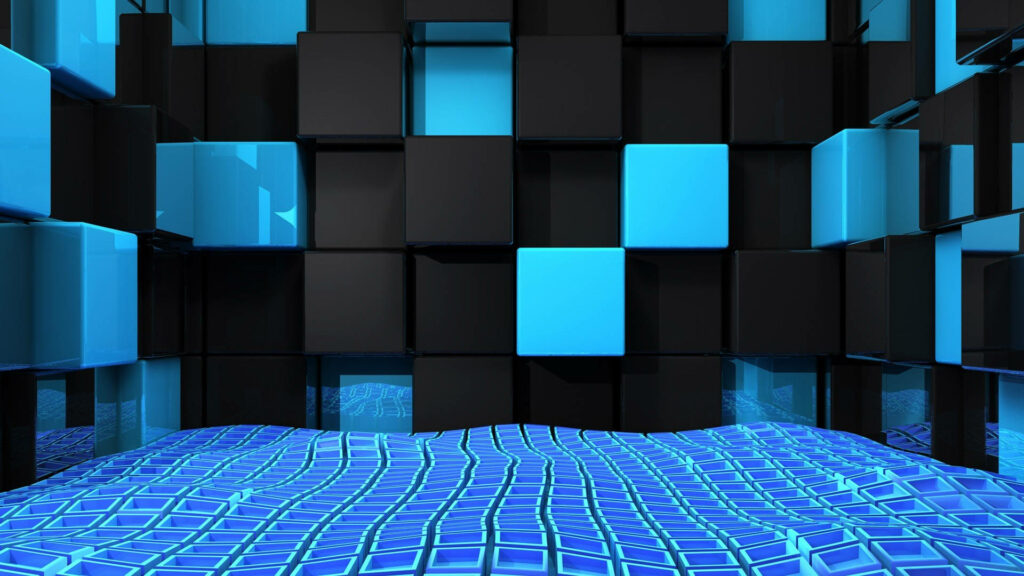 Cubical Symphony: Mesmerizing Blue and Black Seamless Pattern for your HD Desktop Wallpaper