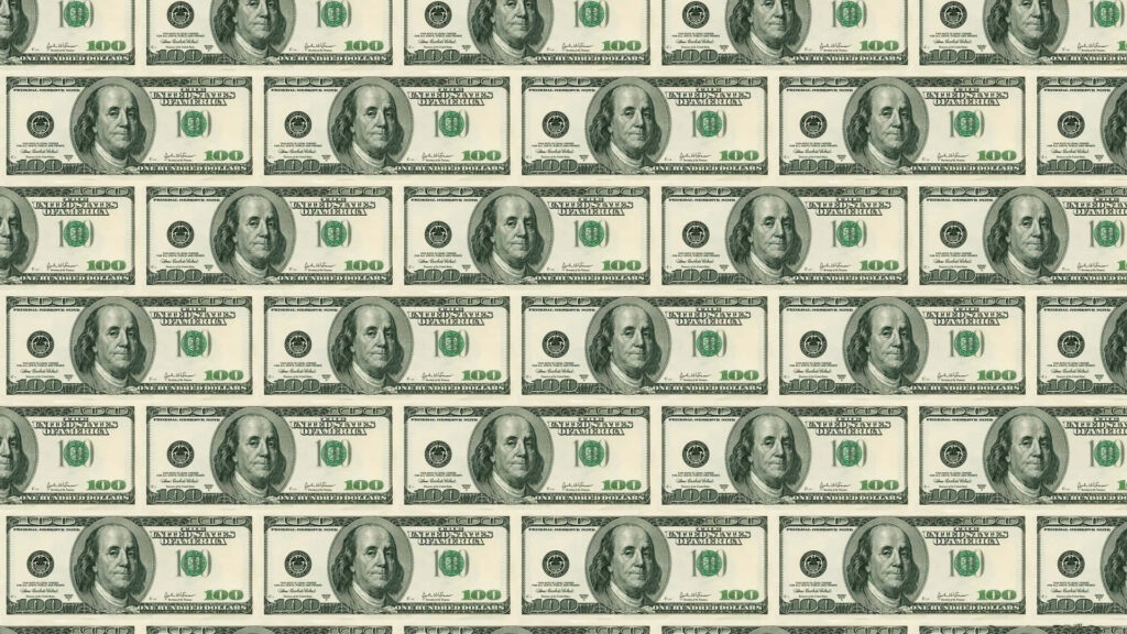 Seamless pattern of US 100 dollar bills arranged side by side money wallpaper background