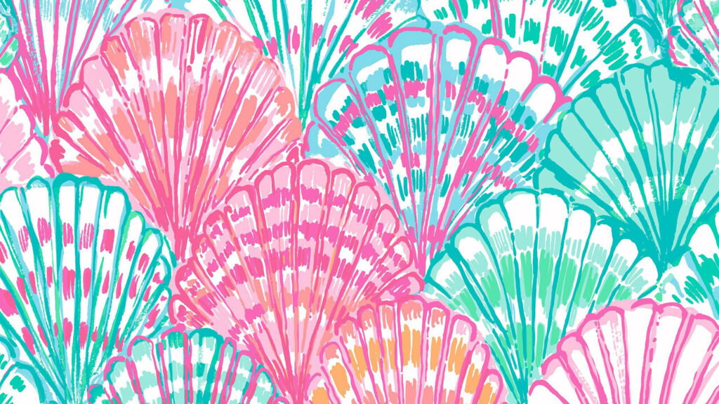 Vibrant seashell pattern wallpaper in pink teal turquoise with shimmering playful preppy design