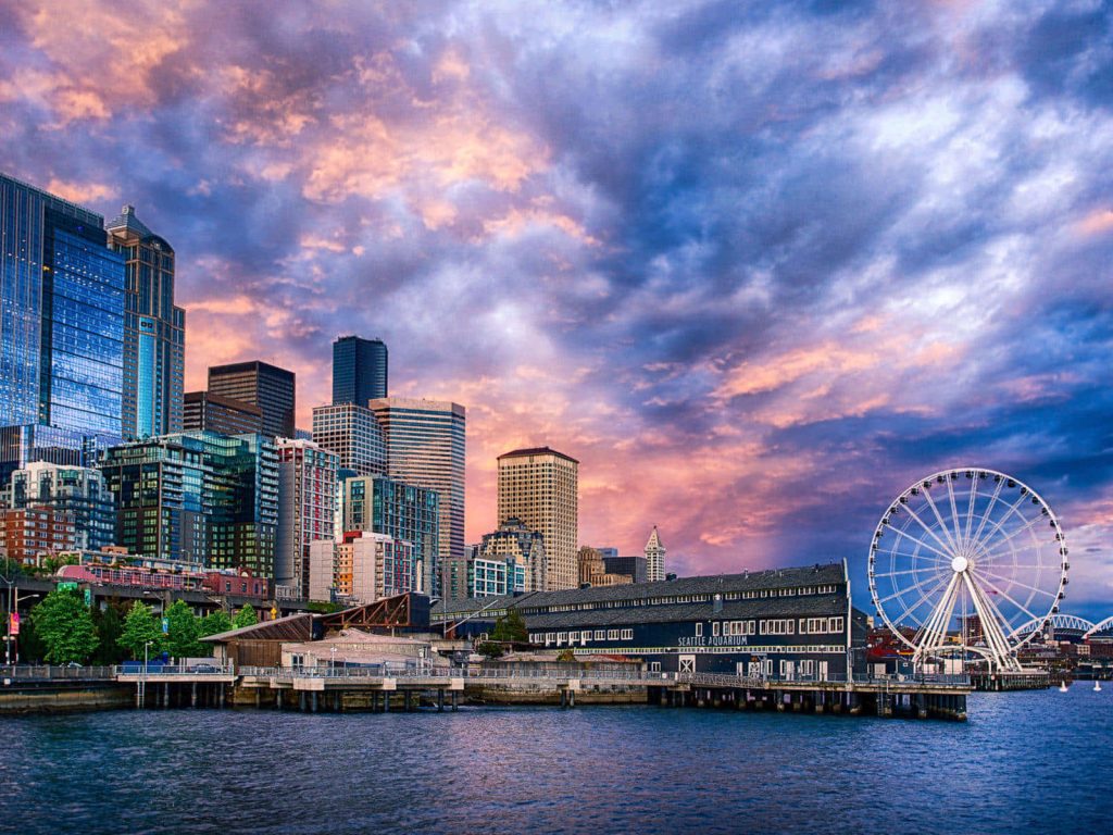 Seattle Great Wheel and skyline at sunset with Seattle Aquarium waterfront vibrant urban wallpaper