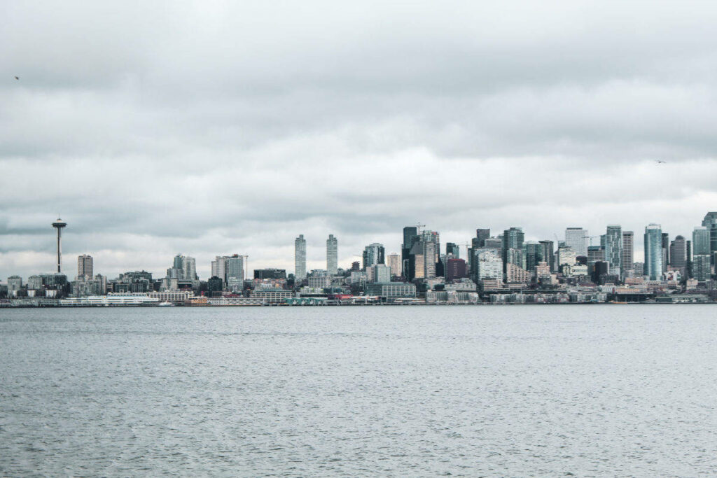 Seattle Skyline Panoramic: Rainy Day Waterfront Wallpaper Background