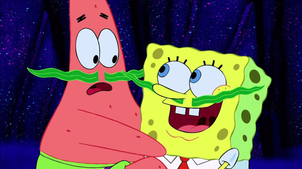 SpongeBob and Patrick with green seaweed mustaches in a starry deep-sea cartoon wallpaper