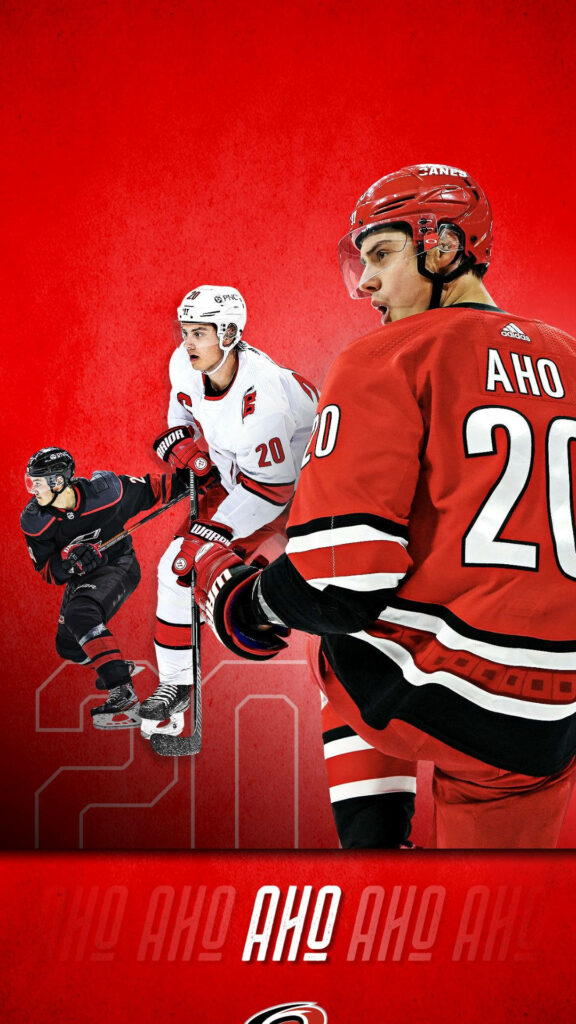 Sebastian Aho Carolina Hurricanes wallpaper showing number 20 in home and away jerseys on red background