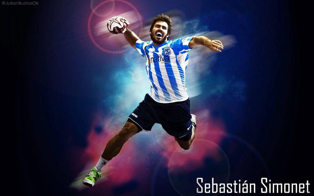 Sebastián Simonet handball jump shot digital wallpaper Argentine star vibrant blue white kit