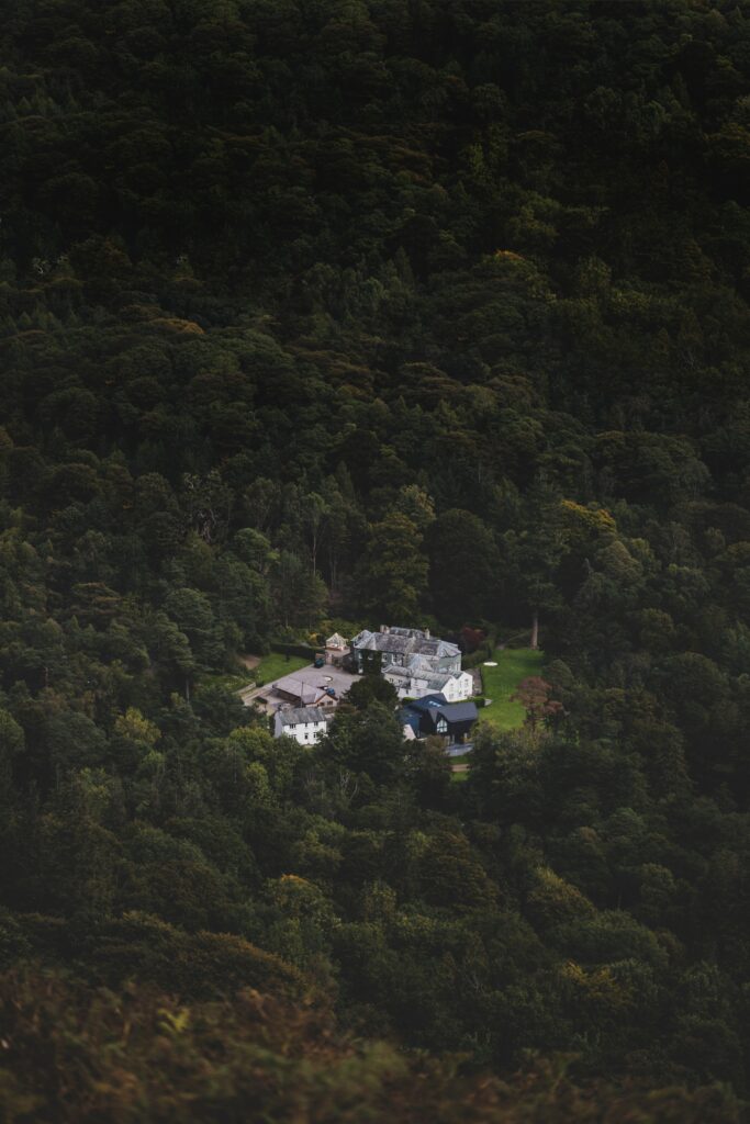 Aerial view of secluded homestead and castle surrounded by dense green forest for nature escape Wallpaper