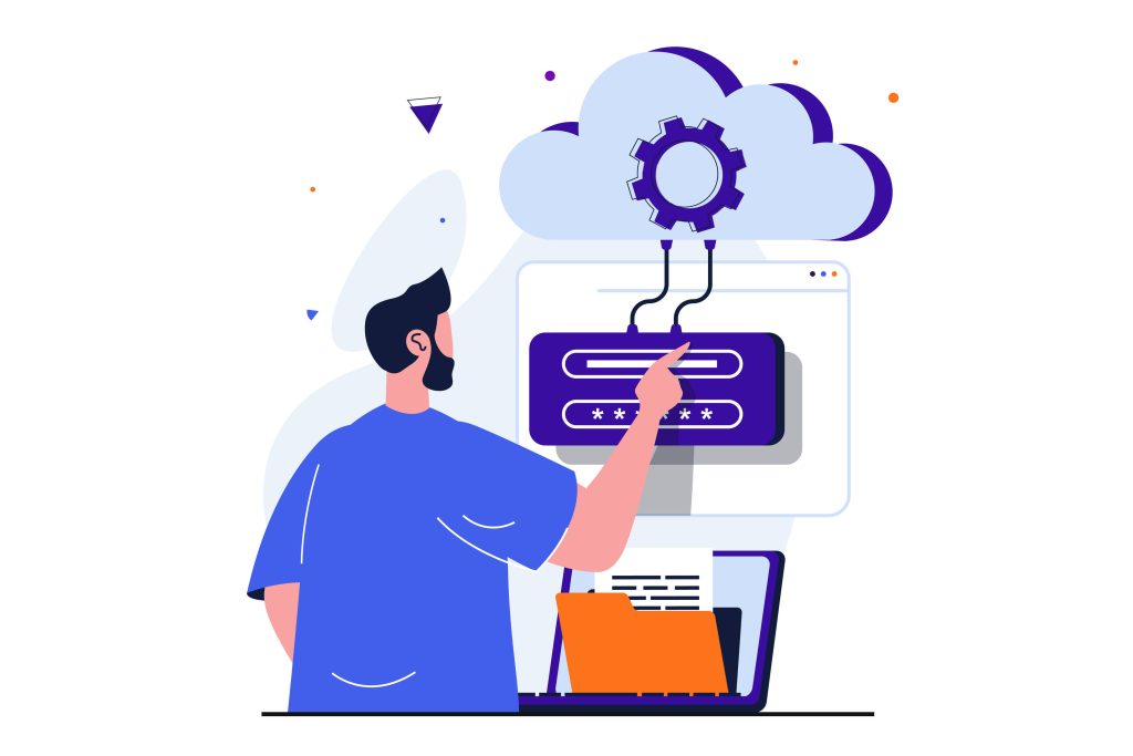 Man accessing secure cloud login interface with gear icon for home Wi-Fi setup vector illustration Wallpaper