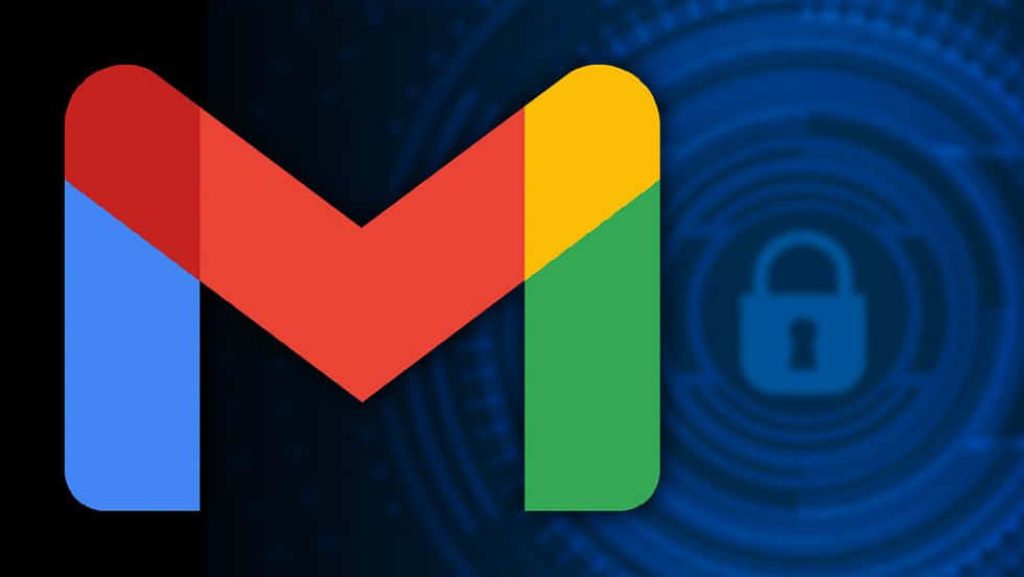 Modern Gmail logo on dark blue digital background with padlock symbol for secure email wallpaper