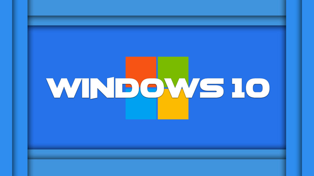 Vibrant Windows 10 wallpaper with multicolored logo and bold white text on blue background