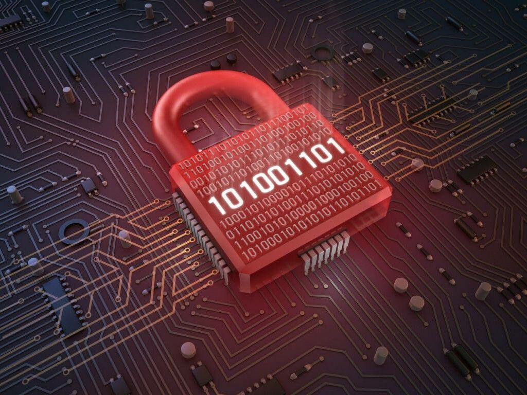 Fortifying Digital Defense: Cyber Security Visualized Through a Padlock-inspired Computer Chip on PCB Wallpaper