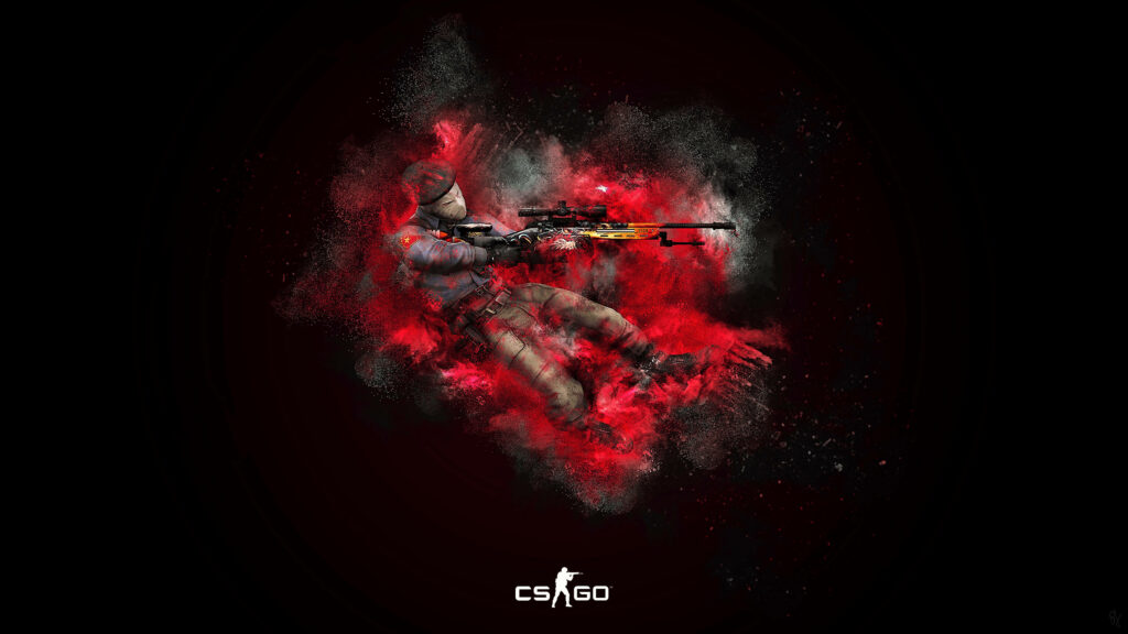 Rebellious Elegance: Dynamic CS GO Wallpaper with Vibrant Colorful Burst and Iconic SSG 08 Rifle